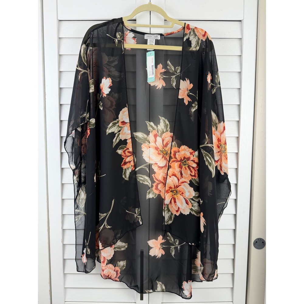 Emory Park Kimono XL Black Floral Sheer Chiffon Open Front NEW